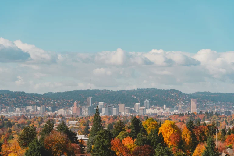 city skyline with colorful autumn trees in the foreground.