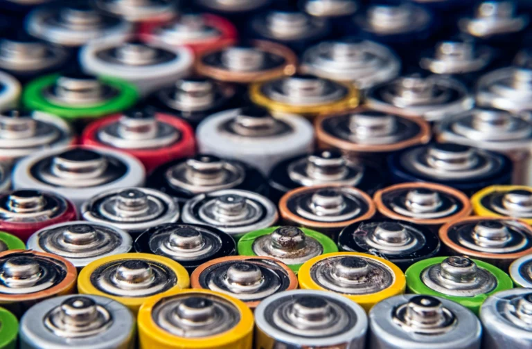 Close-up of various battery tops in different colors.